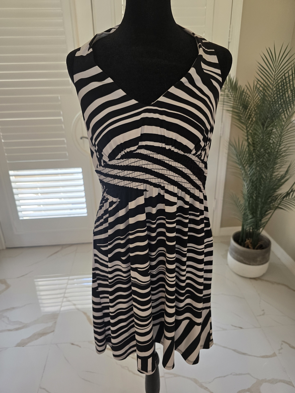 B. Smart Black and White Striped V-Neck Swim Coverup Dress